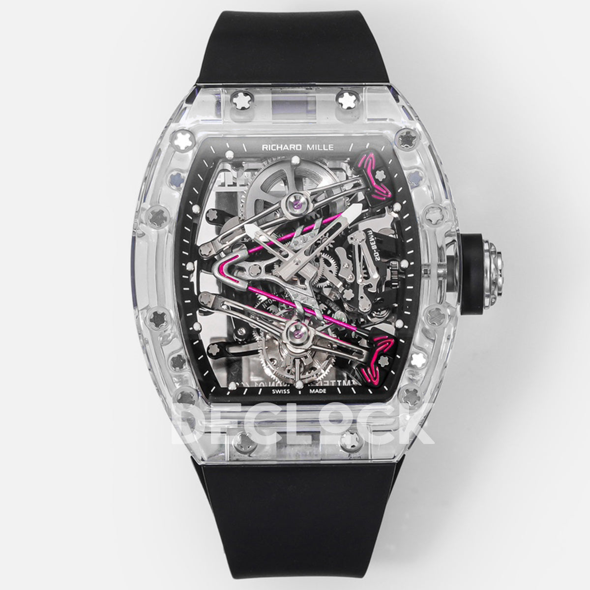 Mille RM 38-02 Pink Themed Crystal Skeleton Tourbillon Black Rubber