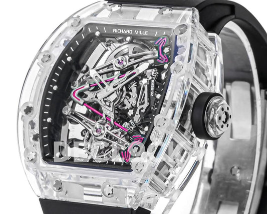 Replica Richard Mille Mille RM 38-02 Pink Themed Crystal Skeleton Tourbillon Black Rubber | Declock.