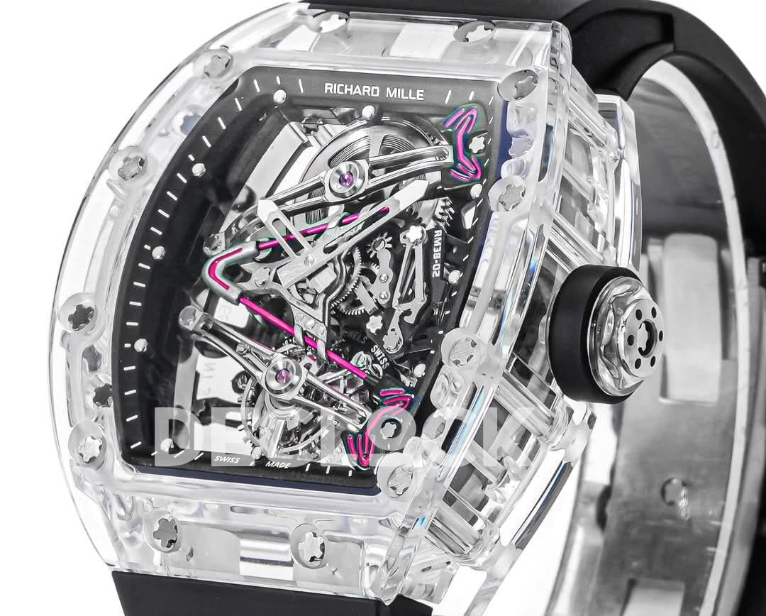 Replica Richard Mille Mille RM 38-02 Pink Themed Crystal Skeleton Tourbillon Black Rubber |  Declock.