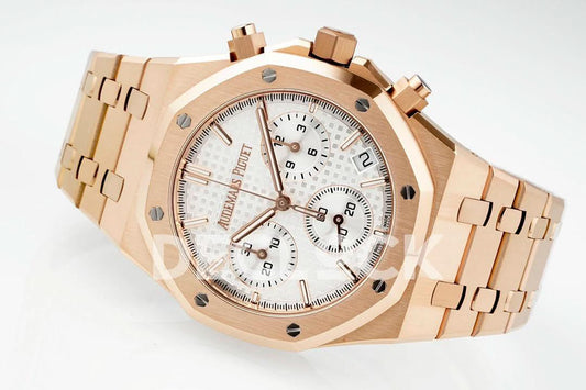 Replica Audemars Pigeut Royal Oak Chrono 26240 White Dial on RG Bracelet |  Declock.