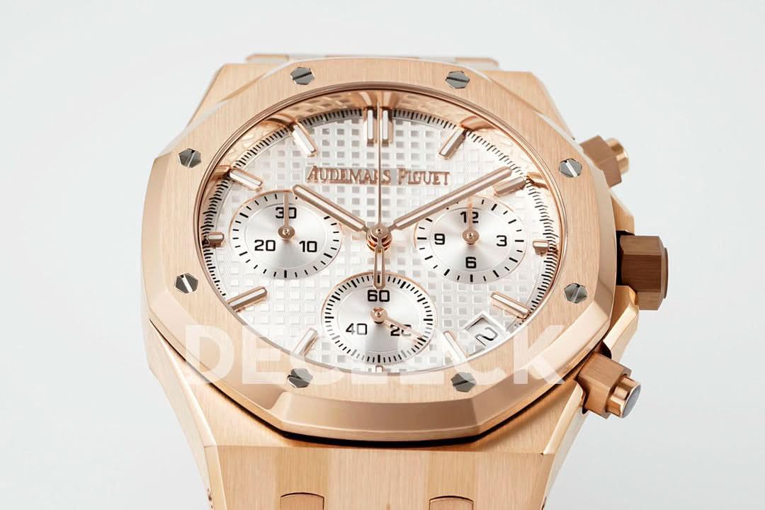 Replica Audemars Pigeut Royal Oak Chrono 26240 White Dial on RG Bracelet |  Declock.