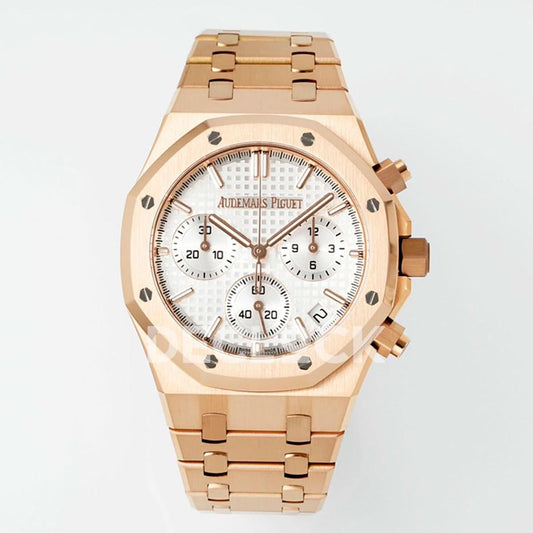 Replica Audemars Pigeut Royal Oak Chrono 26240 White Dial on RG Bracelet |  Declock.