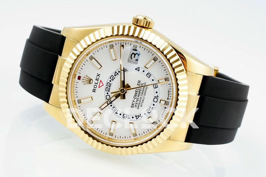 Replica Rolex Sky Dweller 336238 YG in White Dial on Black Rubber Strap | Declock.
