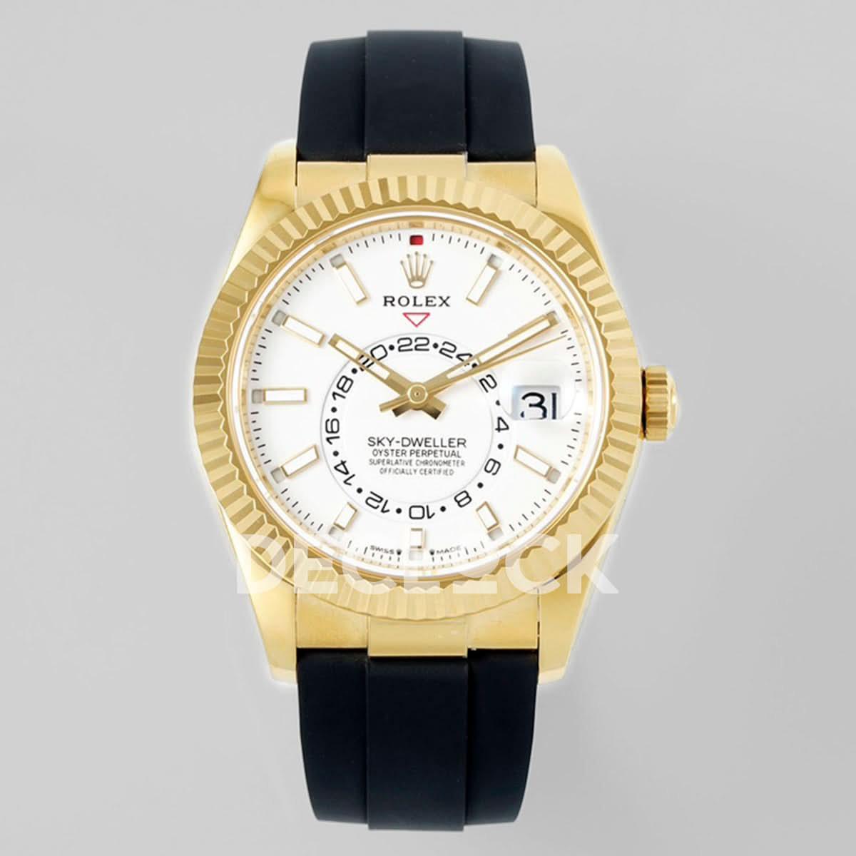 Replica Rolex Sky Dweller 336238 YG in White Dial on Black Rubber Strap |  Declock.