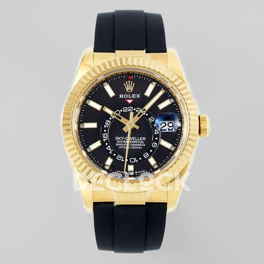 Replica Rolex Sky Dweller 336238 YG in Black Dial on Black Rubber Strap | Declock.