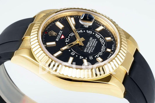 Replica Rolex Sky Dweller 336238 YG in Black Dial on Black Rubber Strap |  Declock.