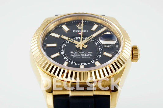 Replica Rolex Sky Dweller 336238 YG in Black Dial on Black Rubber Strap |  Declock.