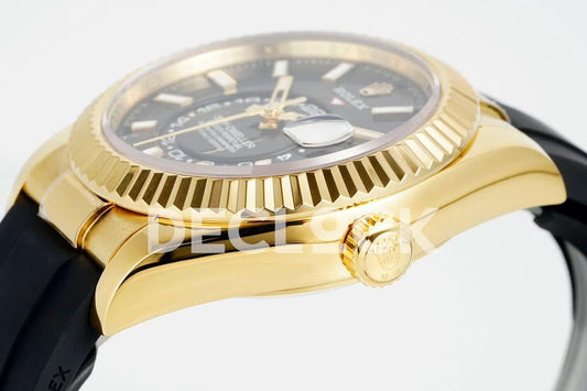 Replica Rolex Sky Dweller 336238 YG in Black Dial on Black Rubber Strap | Declock.