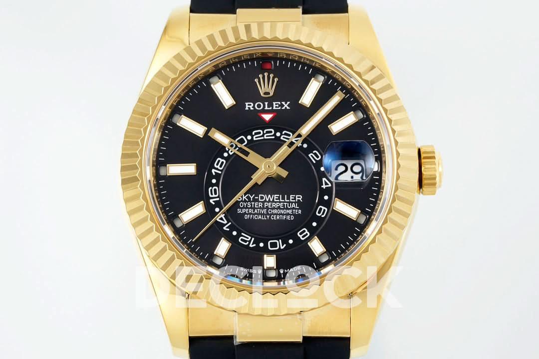 Replica Rolex Sky Dweller 336238 YG in Black Dial on Black Rubber Strap |  Declock.