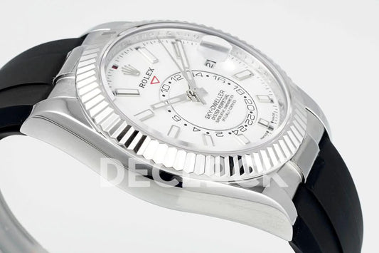 Replica Rolex Sky Dweller 336238 SS in White Dial on Black Rubber Strap |  Declock.
