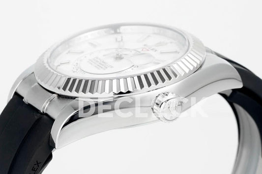Replica Rolex Sky Dweller 336238 SS in White Dial on Black Rubber Strap | Declock.