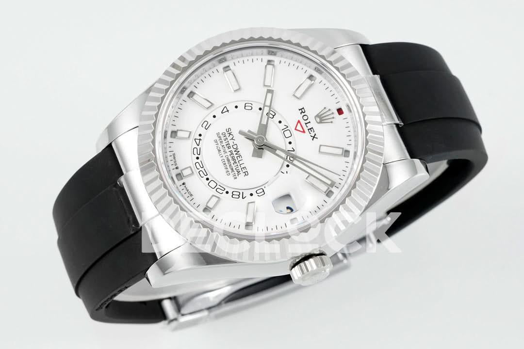 Replica Rolex Sky Dweller 336238 SS in White Dial on Black Rubber Strap |  Declock.