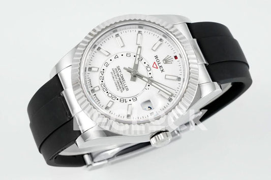 Replica Rolex Sky Dweller 336238 SS in White Dial on Black Rubber Strap | Declock.