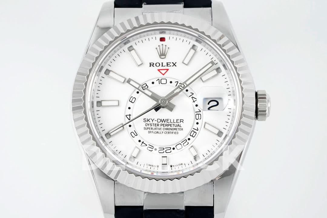 Replica Rolex Sky Dweller 336238 SS in White Dial on Black Rubber Strap |  Declock.