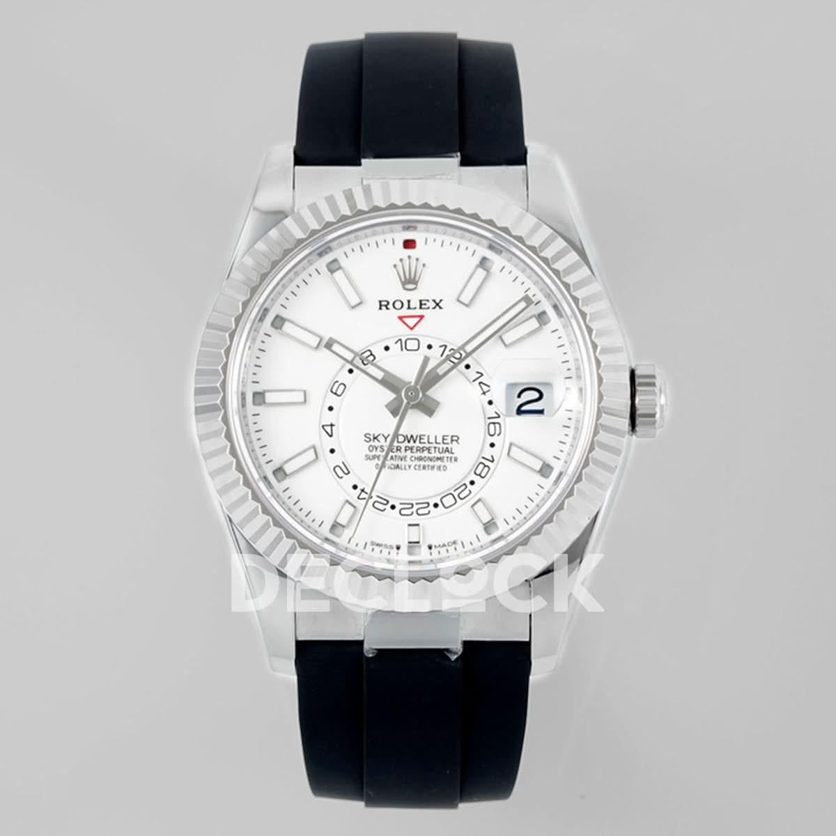 Replica Rolex Sky Dweller 336238 SS in White Dial on Black Rubber Strap |  Declock.