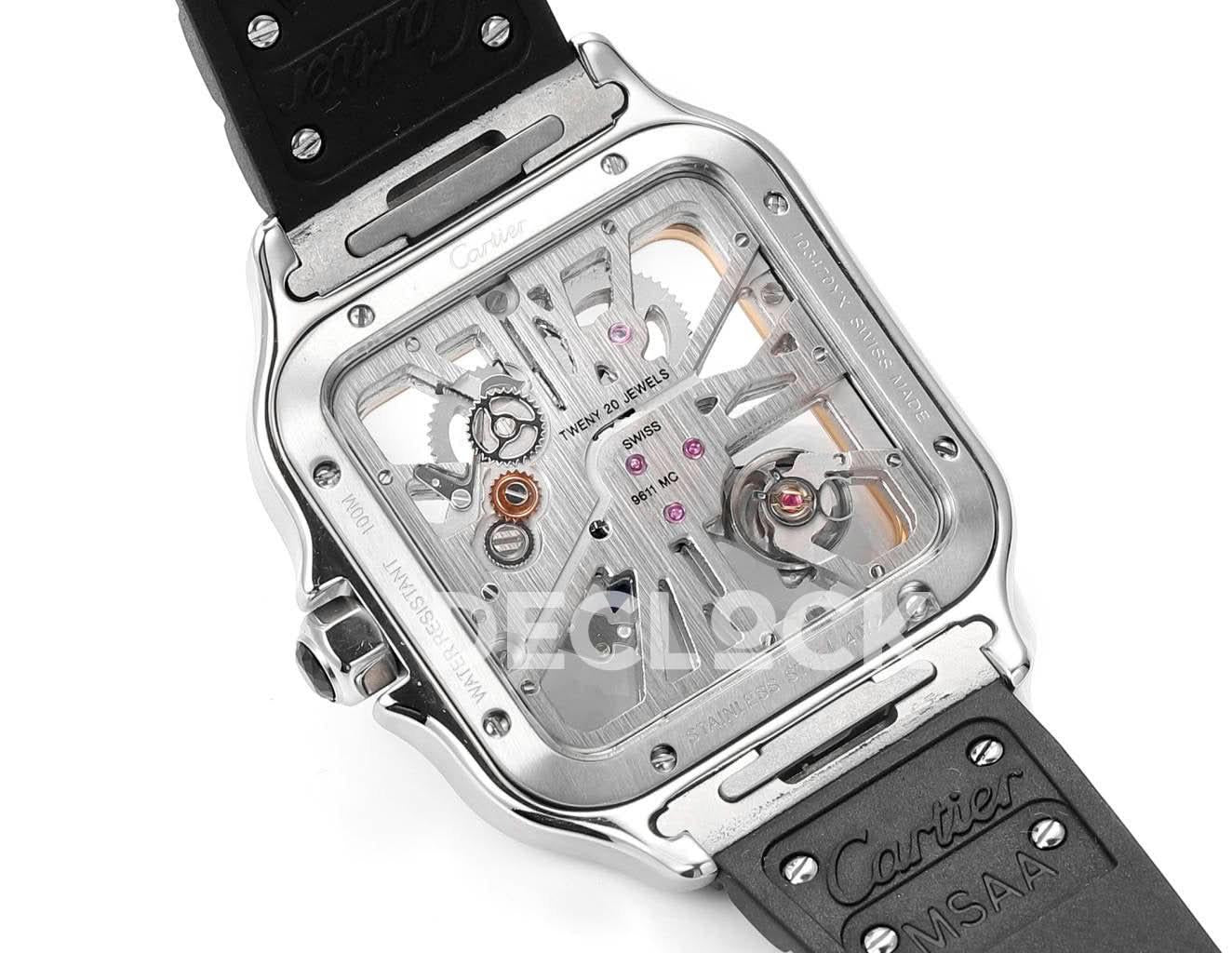 Replica Cartier Santos de Cartier Skeleton SG Black Strap |  Declock.