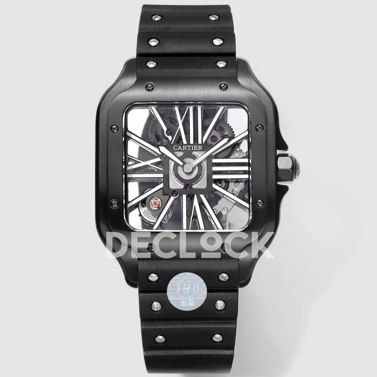 Replica Cartier Santos de Cartier Skeleton PVD Black Strap |  Declock.