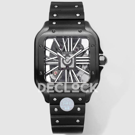 Replica Cartier Santos de Cartier Skeleton PVD Black Strap |  Declock.