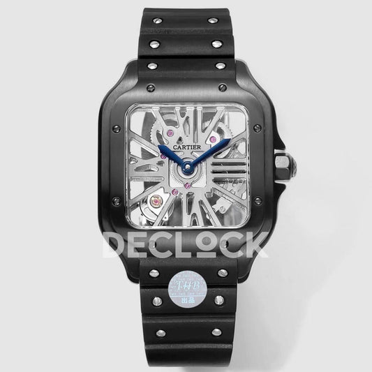 Replica Cartier Santos de Cartier Skeleton PVD Black Strap Blue Pointer |  Declock.