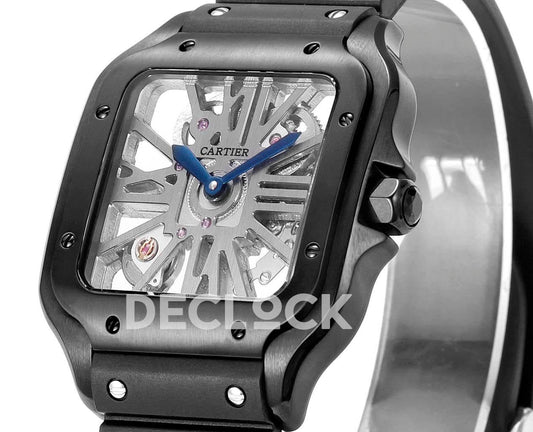 Replica Cartier Santos de Cartier Skeleton PVD Black Strap Blue Pointer |  Declock.