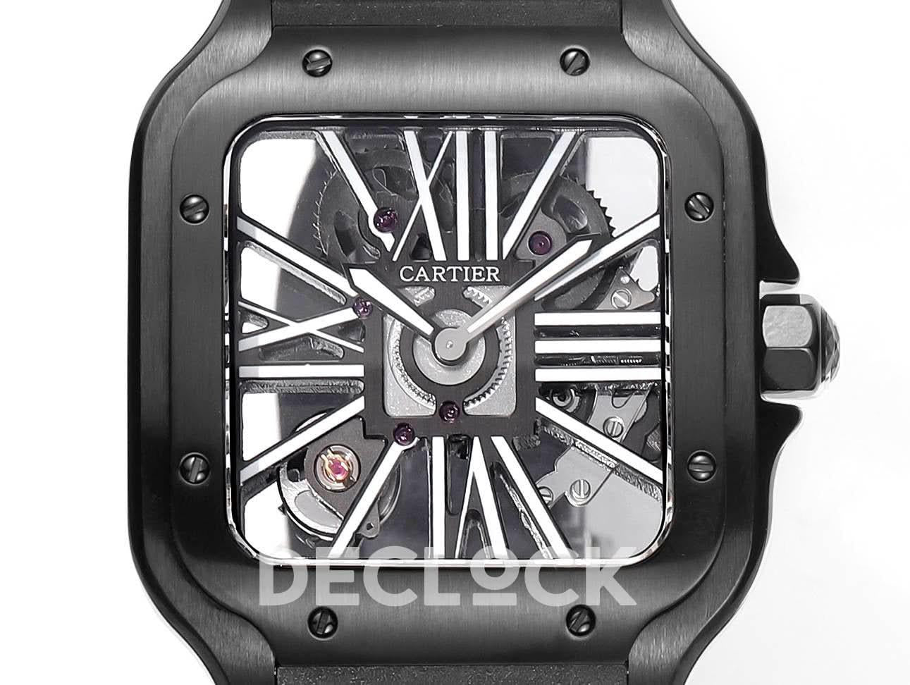 Replica Cartier Santos de Cartier Skeleton PVD Black Strap |  Declock.