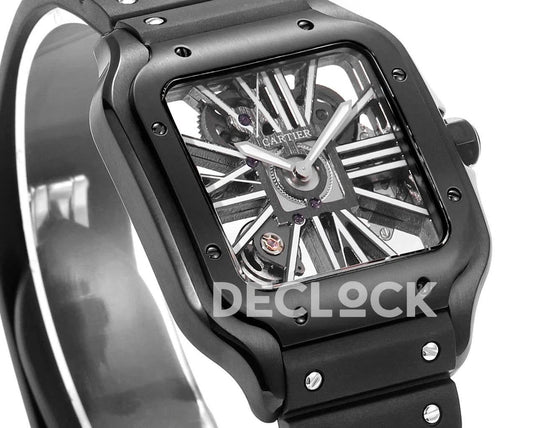 Replica Cartier Santos de Cartier Skeleton PVD Black Strap | Declock.