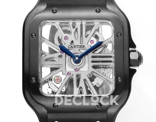 Replica Cartier Santos de Cartier Skeleton PVD Black Strap Blue Pointer |  Declock.