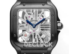 Santos de Cartier Skeleton PVD Black Strap Blue Pointer