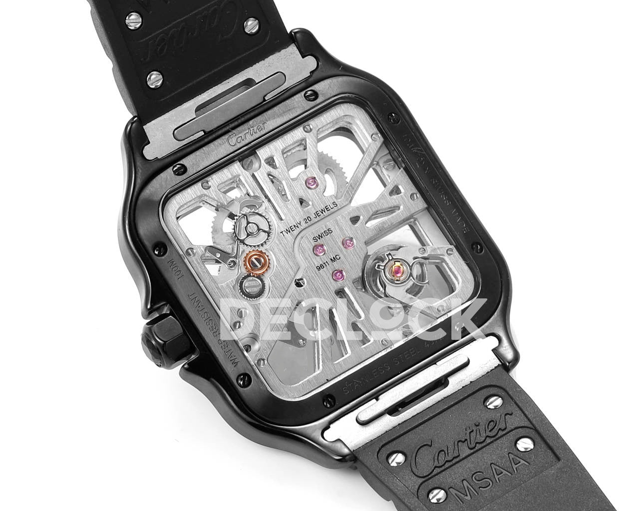 Santos de Cartier Skeleton PVD Black Strap Blue Pointer