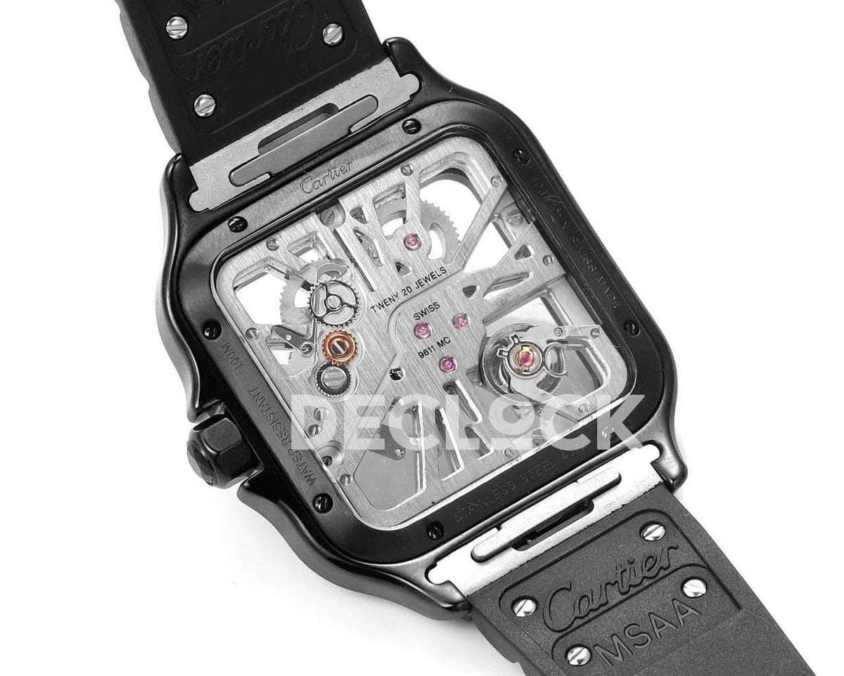 Replica Cartier Santos de Cartier Skeleton PVD Black Strap Blue Pointer |  Declock.