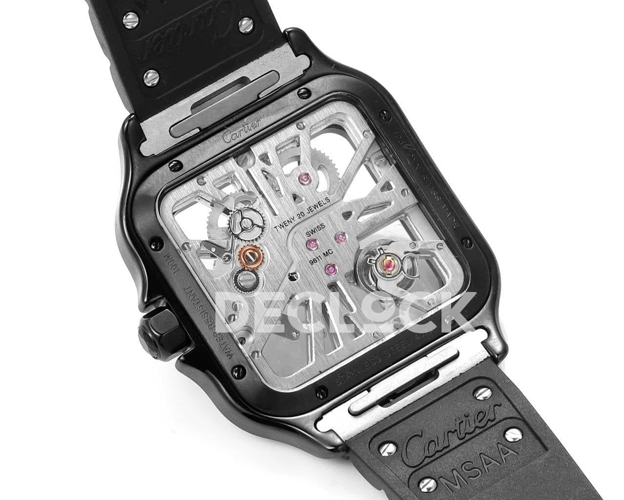 Replica Cartier Santos de Cartier Skeleton PVD Black Strap Blue Pointer |  Declock.