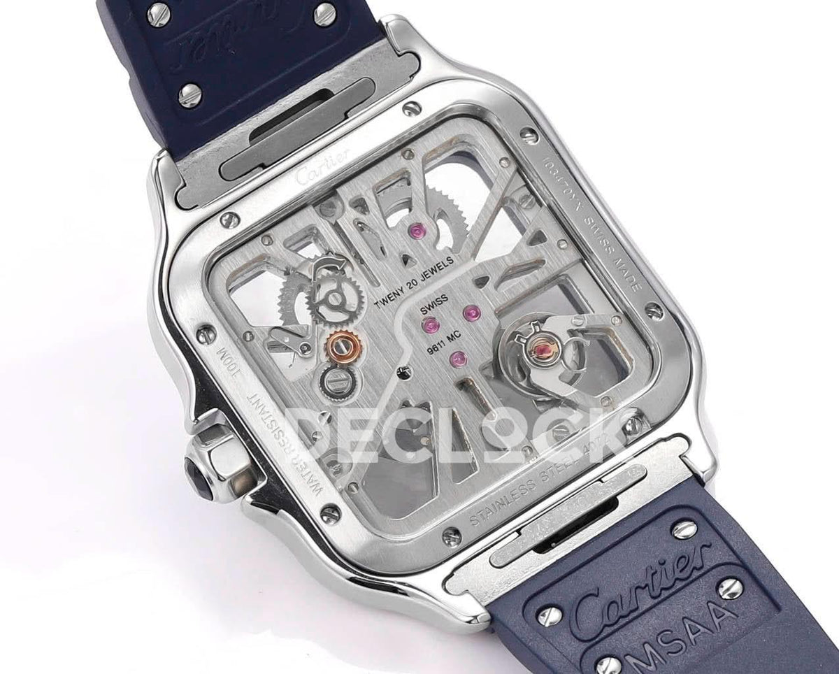 Replica Cartier Santos de Cartier Skeleton SS Blue Strap |  Declock.