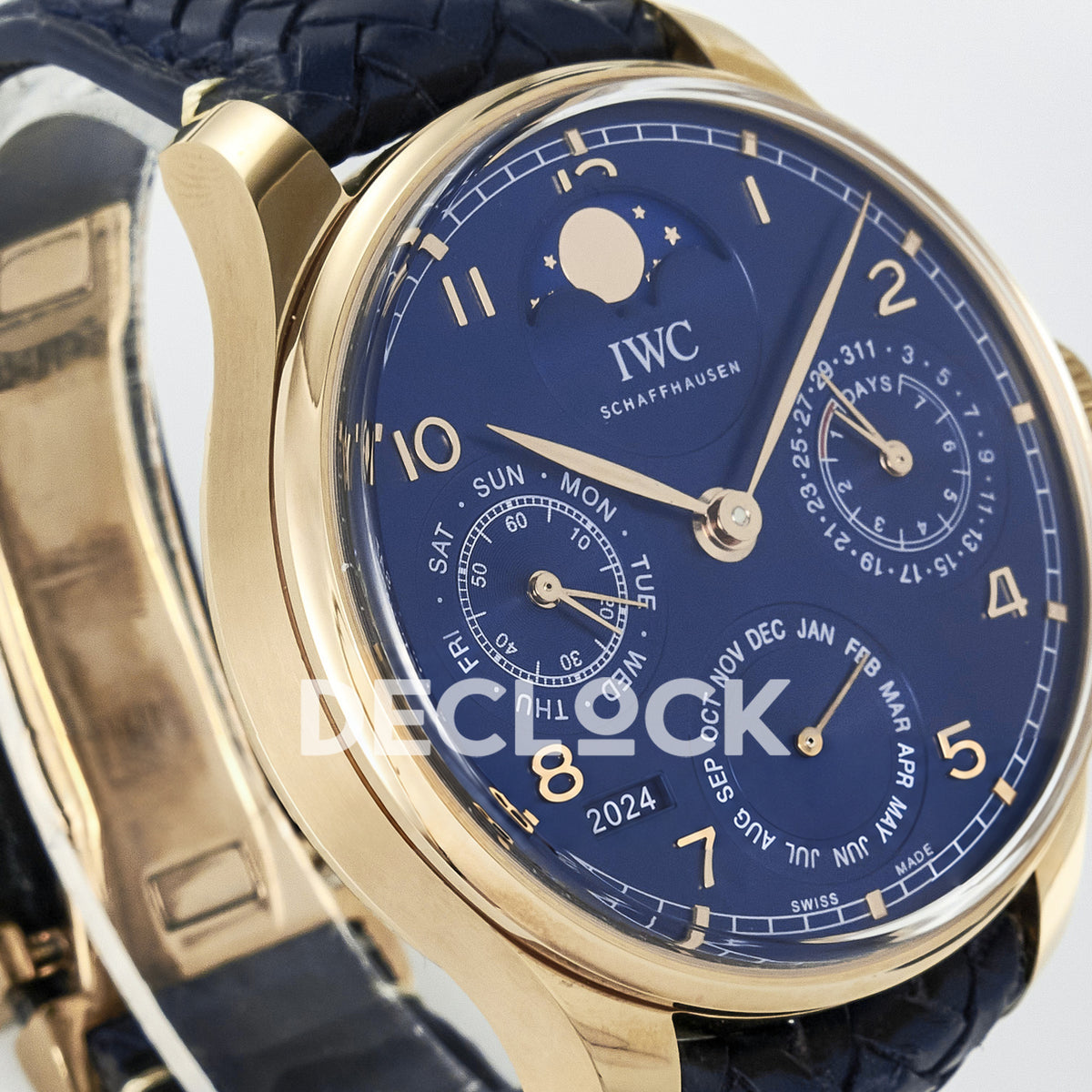 IWC Portugieser Perpetual Calendar Rose Gold Blue Style 1 APSF A52610 – left angle