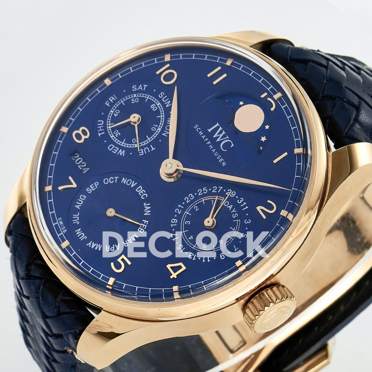IWC Portugieser Perpetual Calendar Rose Gold Blue Style 1 APSF A52610 – tilted right dial