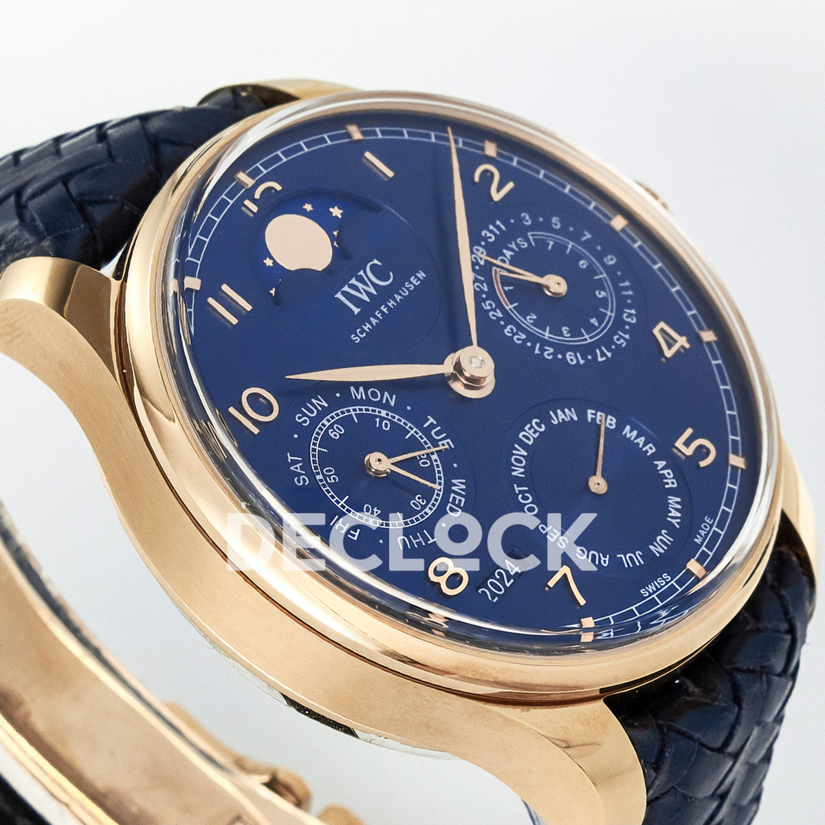 IWC Portugieser Perpetual Calendar Rose Gold Blue Style 1 APSF A52610 – tilted left dial