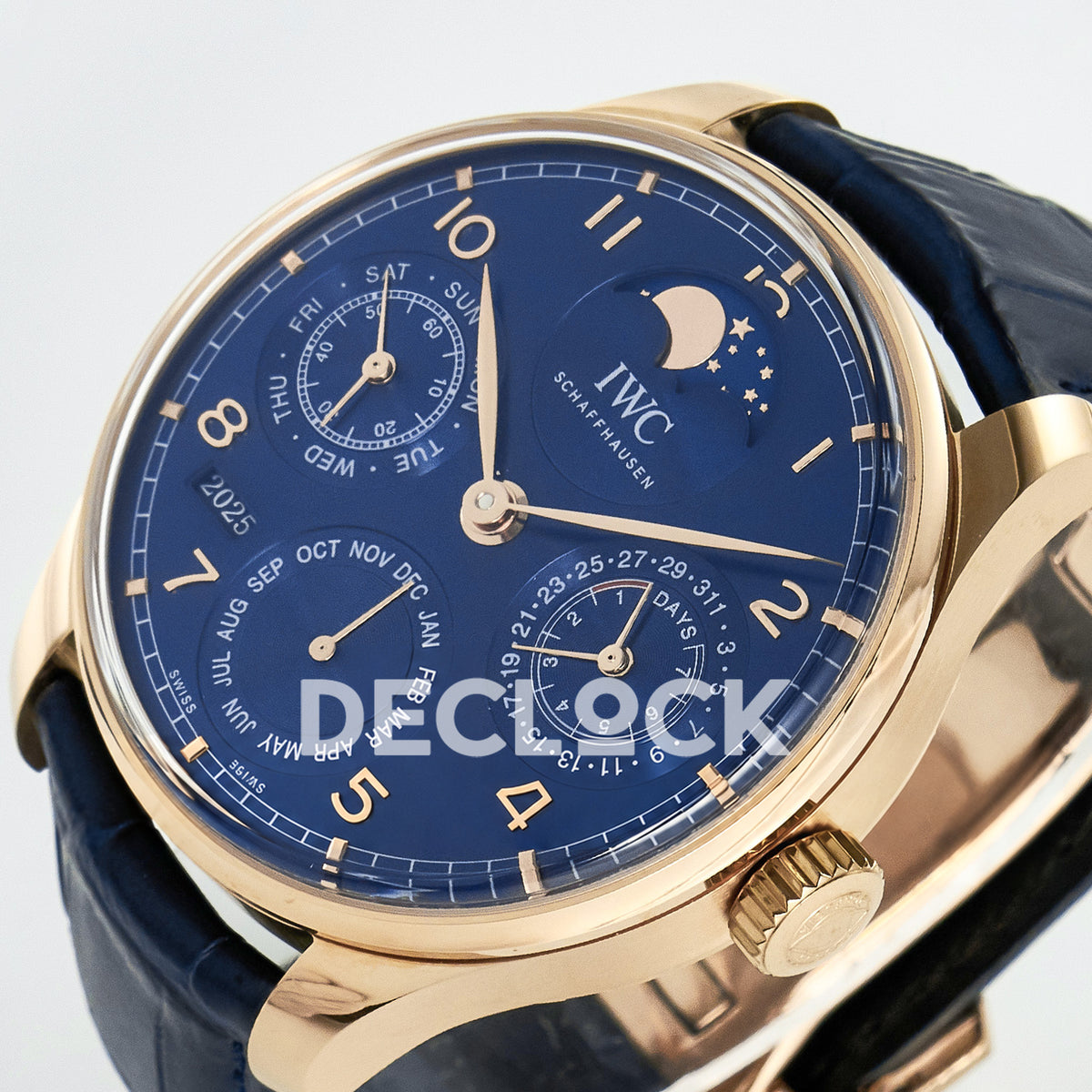IWC Portugieser Perpetual Calendar Rose Gold Blue Style 2 APSF A52610 – tilted right dial