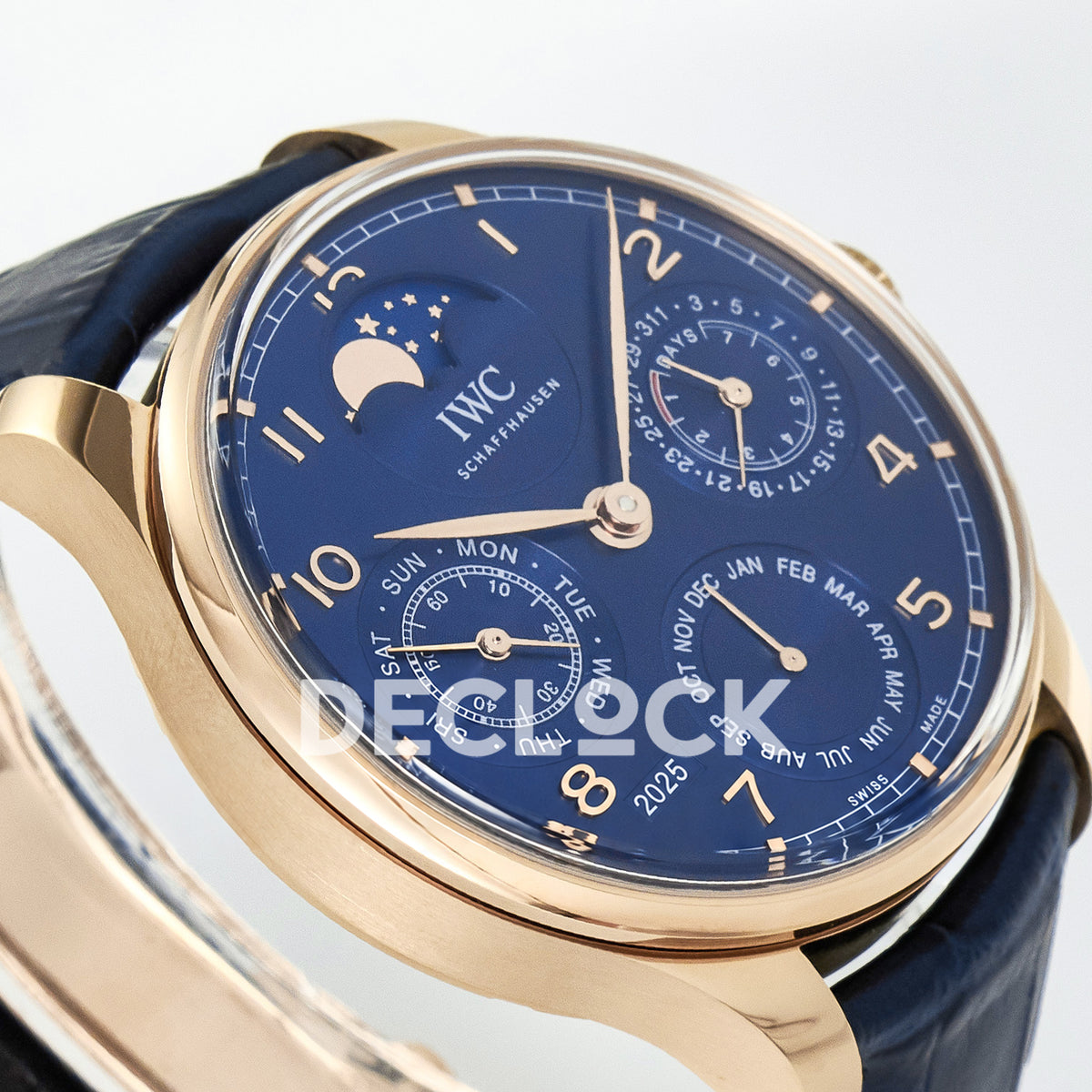 IWC Portugieser Perpetual Calendar Rose Gold Blue Style 2 APSF A52610 – tilted left dial