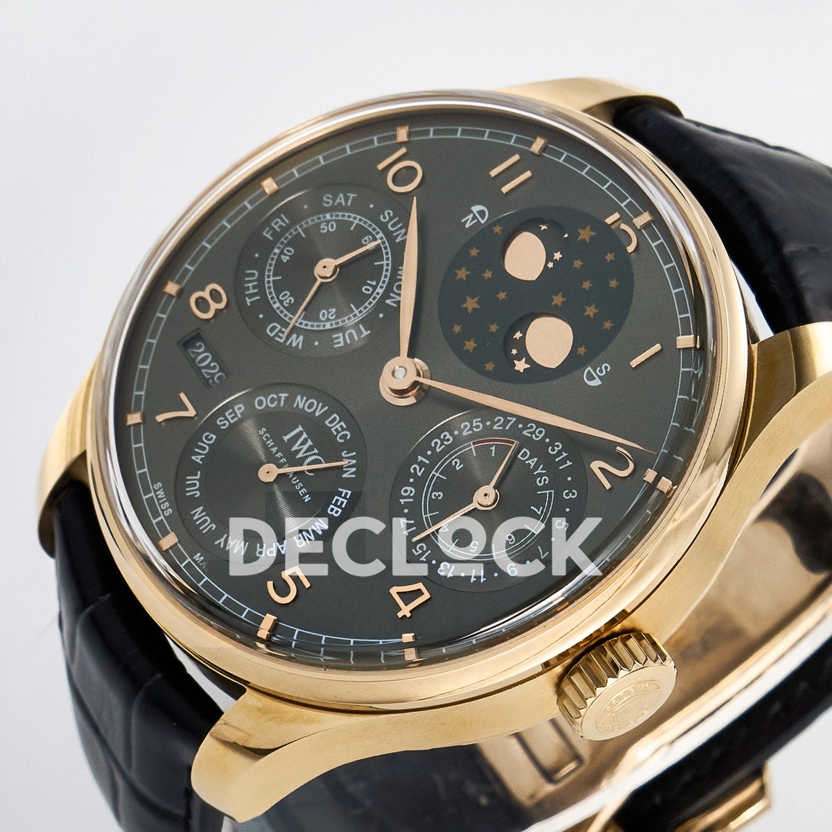 IWC Portugieser Perpetual Calendar Rose Gold Gray APSF A52610 – tilted right dial