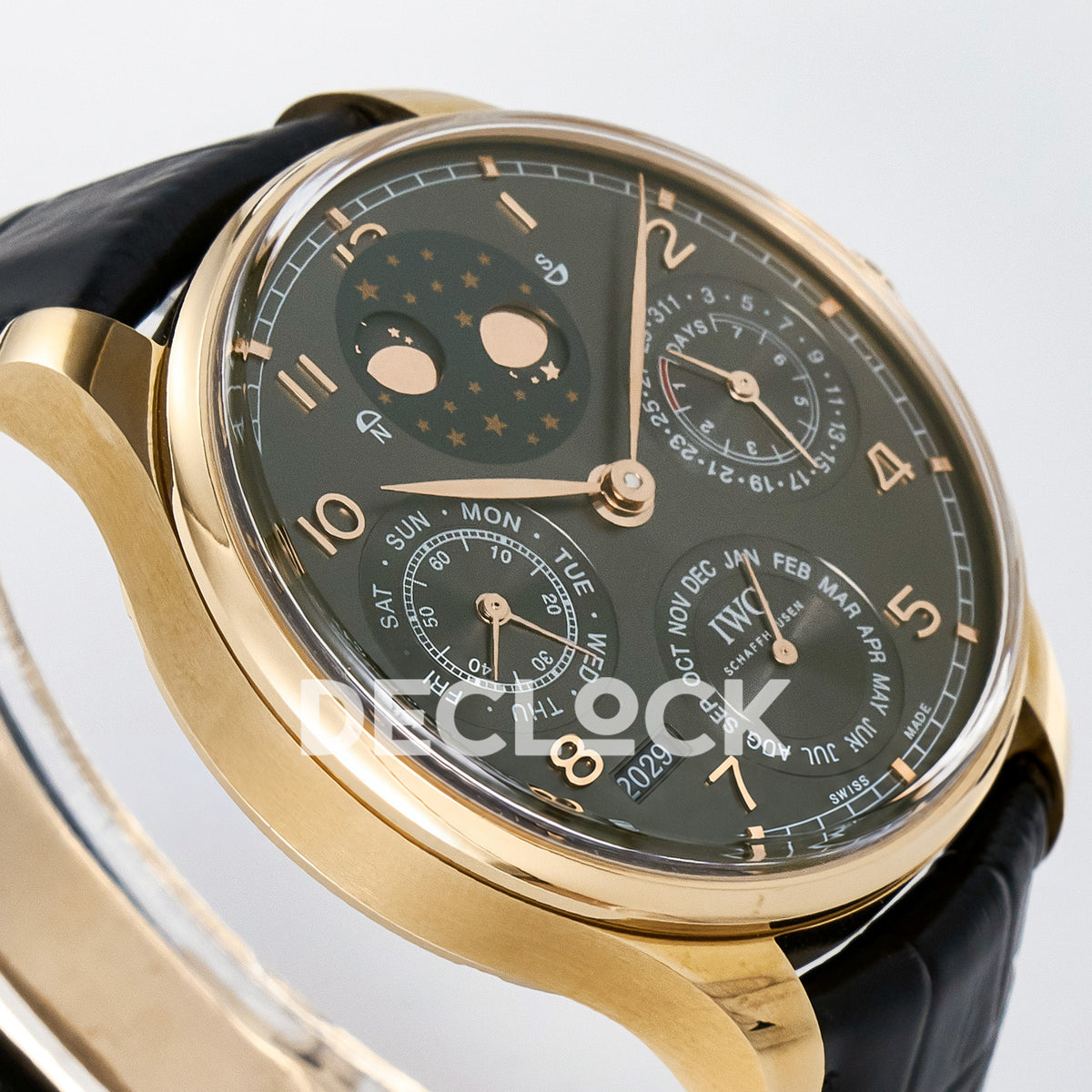 IWC Portugieser Perpetual Calendar Rose Gold Gray APSF A52610 – tilted left dial