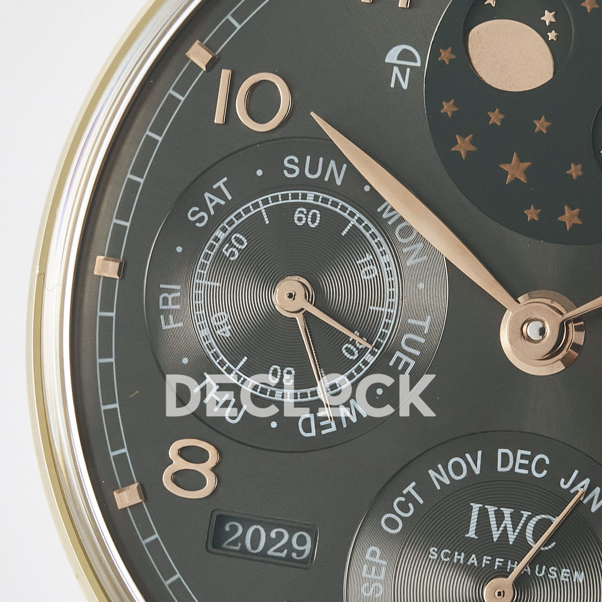 IWC Portugieser Perpetual Calendar Rose Gold Gray APSF A52610 – left dial detail