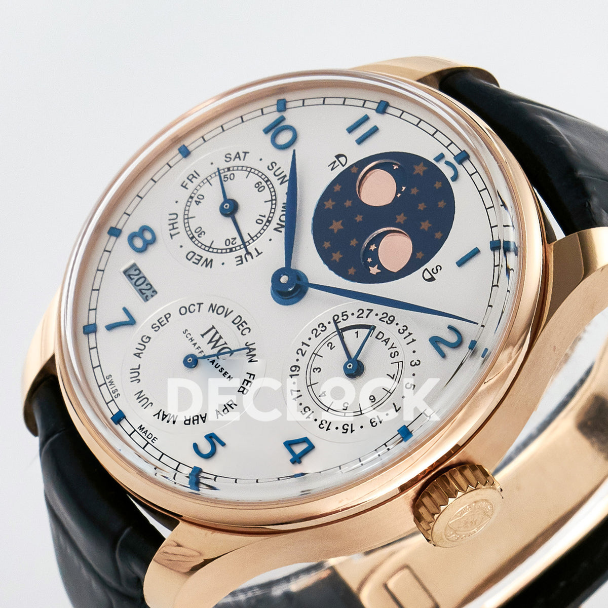 IWC Portugieser Perpetual Calendar Rose Gold White APSF A52610 – tilted right dial