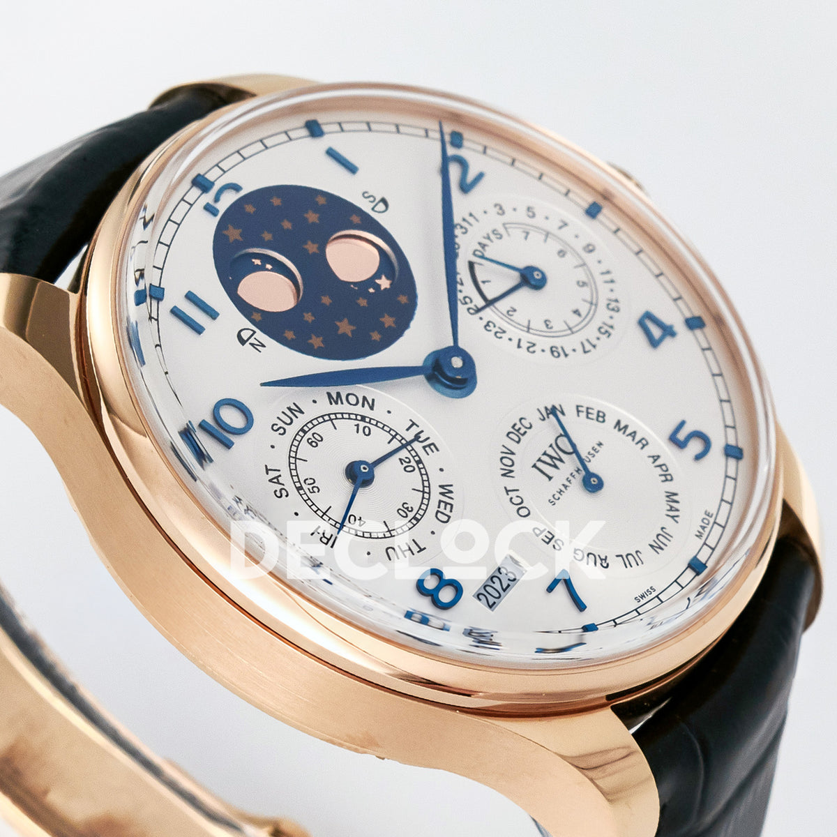 IWC Portugieser Perpetual Calendar Rose Gold White APSF A52610 – tilted left dial