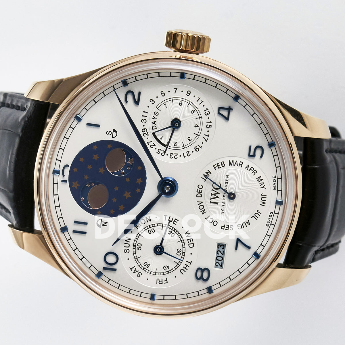 IWC Portugieser Perpetual Calendar Rose Gold White APSF A52610 – opposite sideways dial