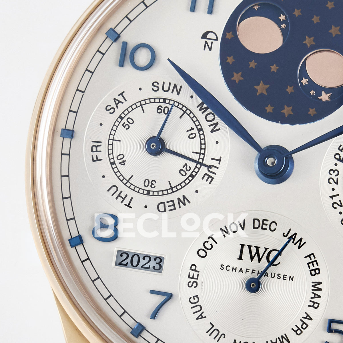 IWC Portugieser Perpetual Calendar Rose Gold White APSF A52610 – left dial detail