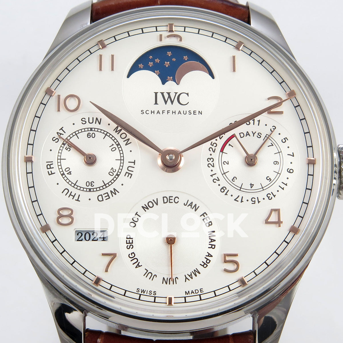 IWC Portugieser Perpetual Calendar White Rose Gold Numerals APSF A52610 – front dial close-up