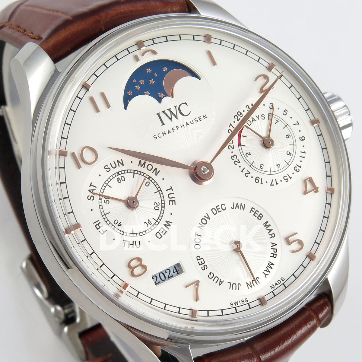 IWC Portugieser Perpetual Calendar White Rose Gold Numerals APSF A52610 – left angle