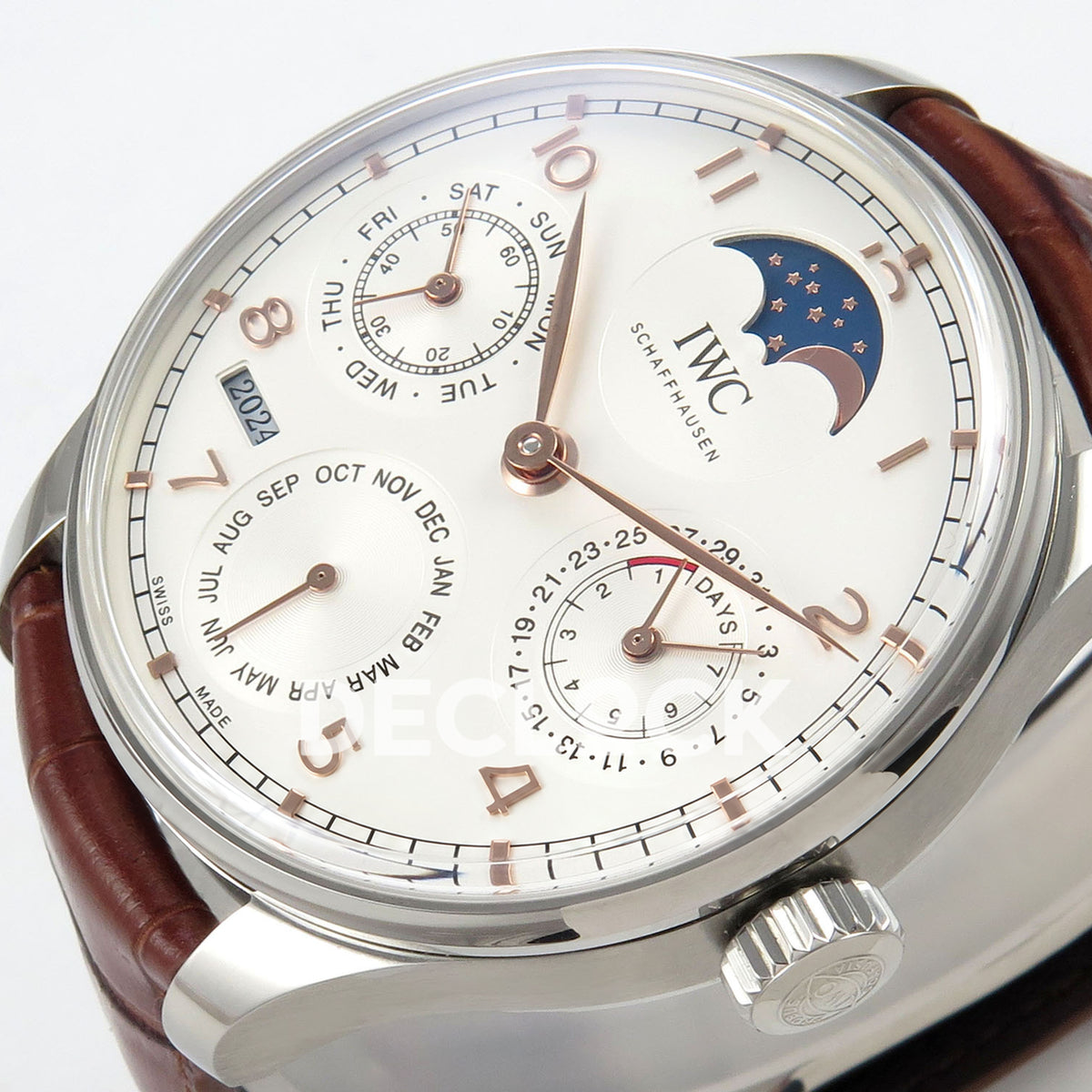IWC Portugieser Perpetual Calendar White Rose Gold Numerals APSF A52610 – tilted right dial