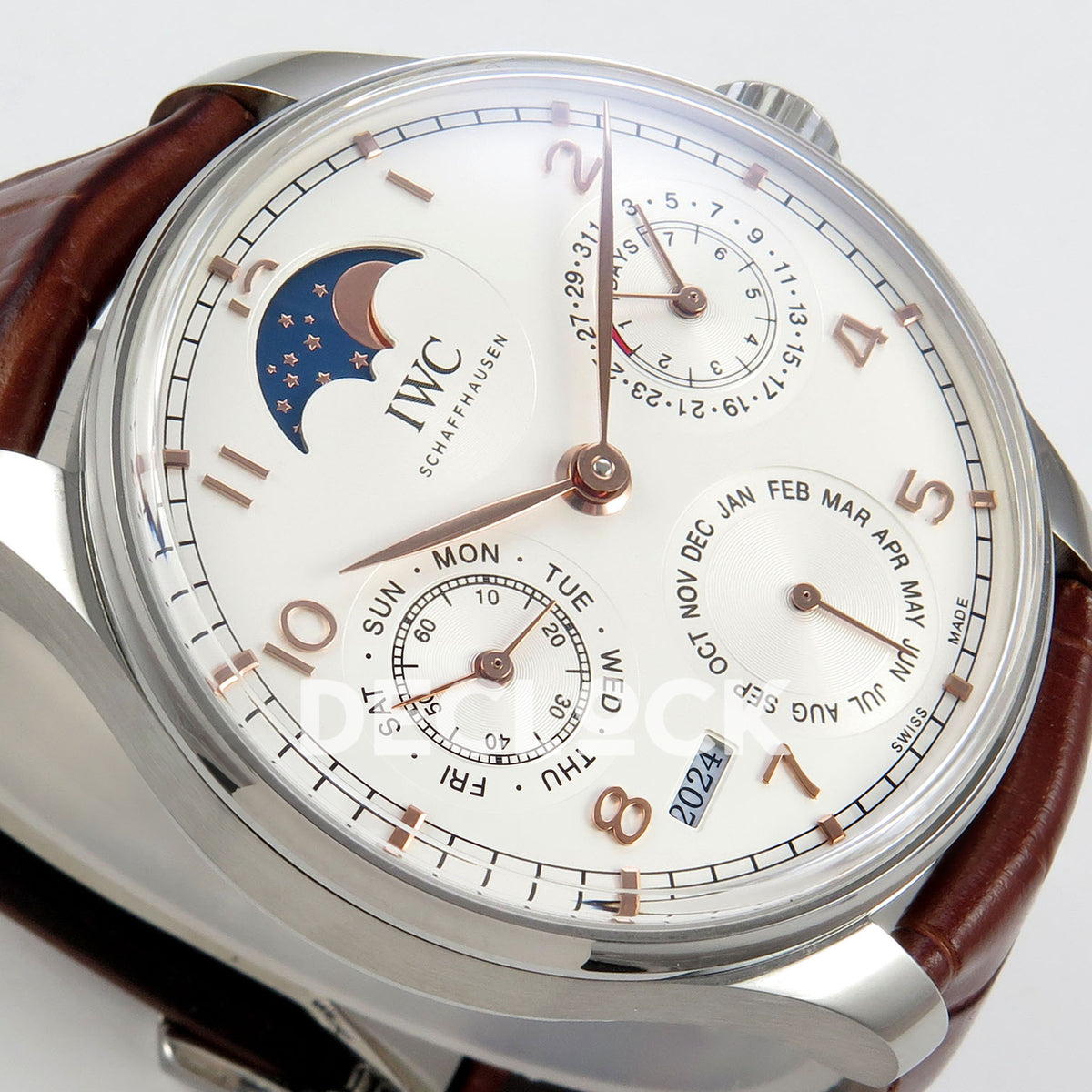 IWC Portugieser Perpetual Calendar White Rose Gold Numerals APSF A52610 – tilted left dial