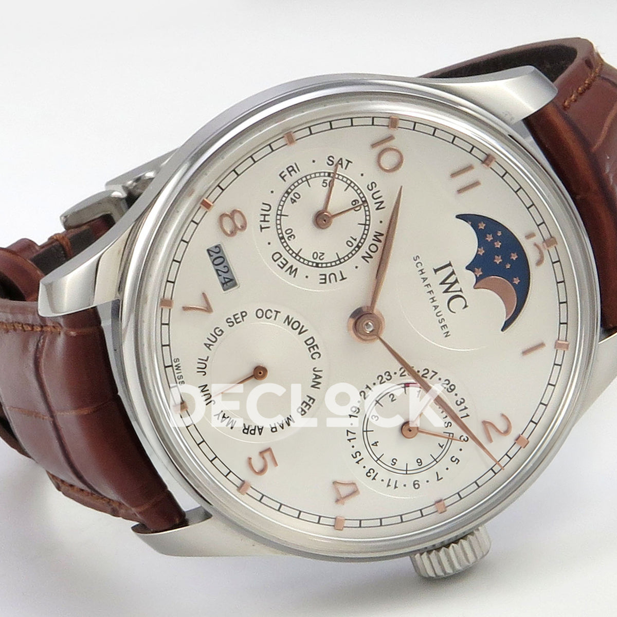 IWC Portugieser Perpetual Calendar White Rose Gold Numerals APSF A52610 – sideways dial