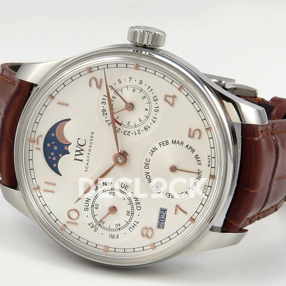 IWC Portugieser Perpetual Calendar White Rose Gold Numerals APSF A52610 – opposite sideways dial